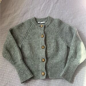 Zara Gray synched waist Cardigan with Wooden Buttons